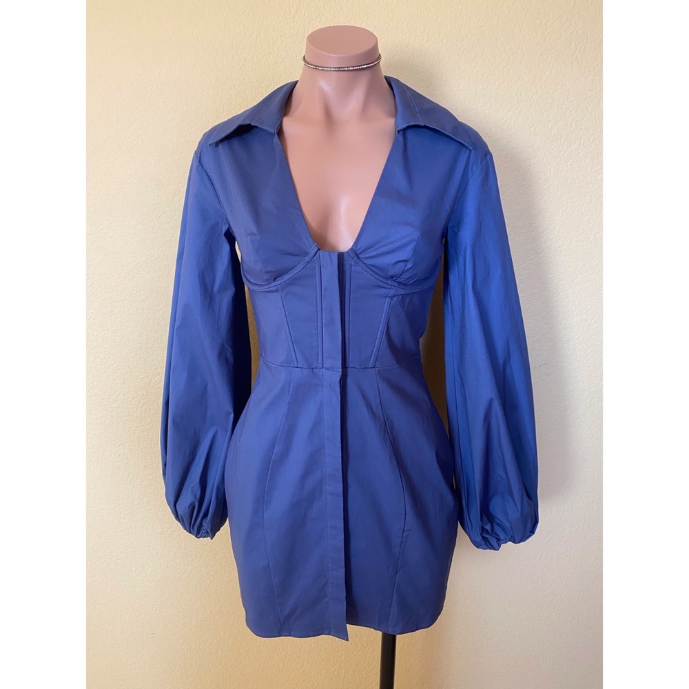 NWT Oh Polly Puff Sleeve Corset Mini Dress in Blue